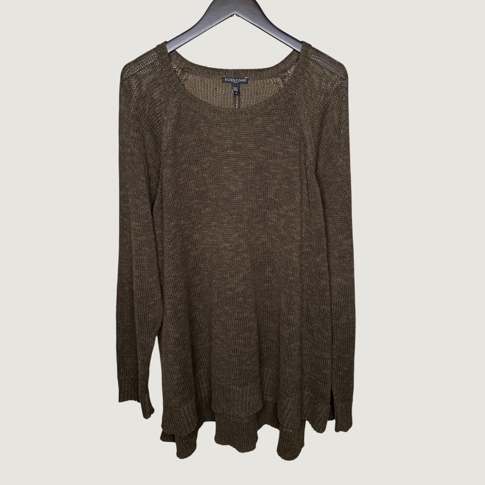 Eileen Fisher Woman 3X Olive Green Organic Linen Cotton Open Knit Tunic Sweater